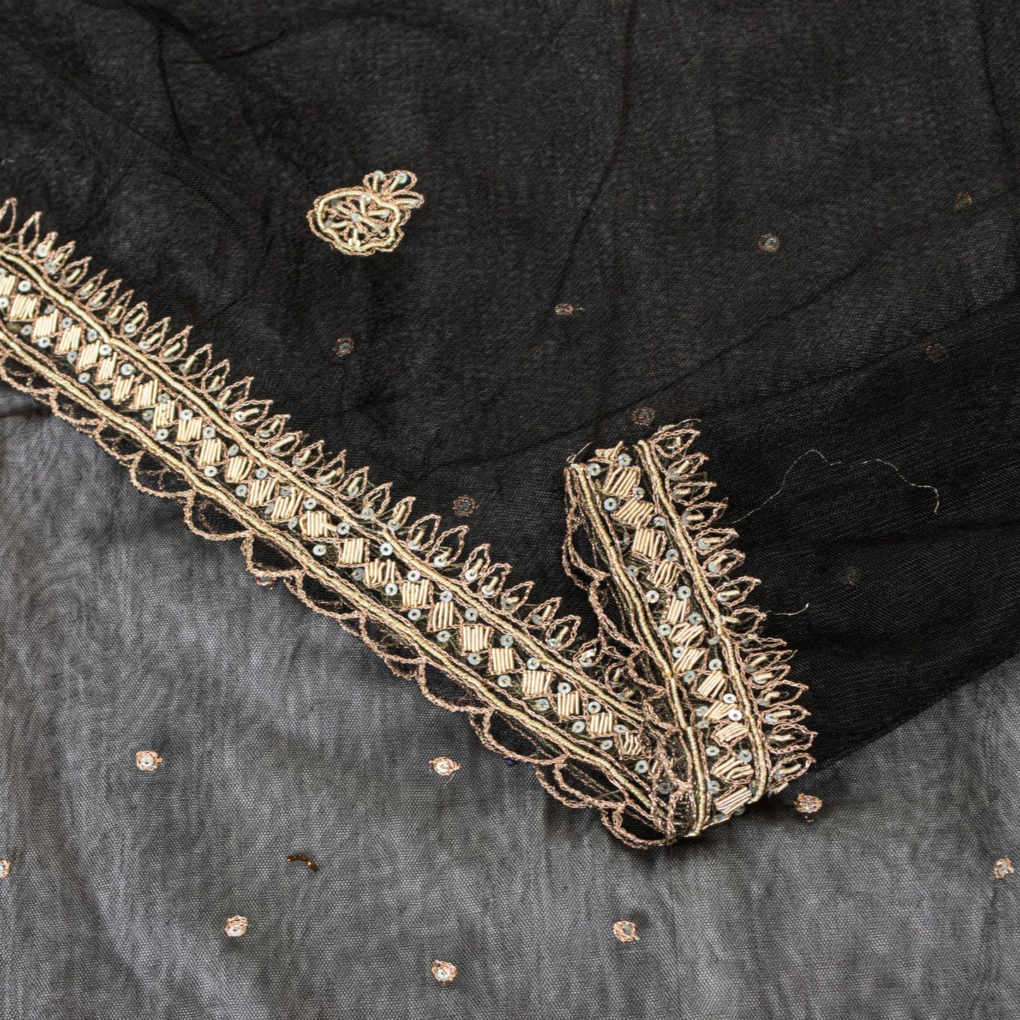 Sanskriti Vintage Black Net Mesh Saree Hand Embroidered Zardozi Dabka 6YD Fabric