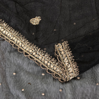 Sanskriti Vintage Black Net Mesh Saree Hand Embroidered Zardozi Dabka 6YD Fabric