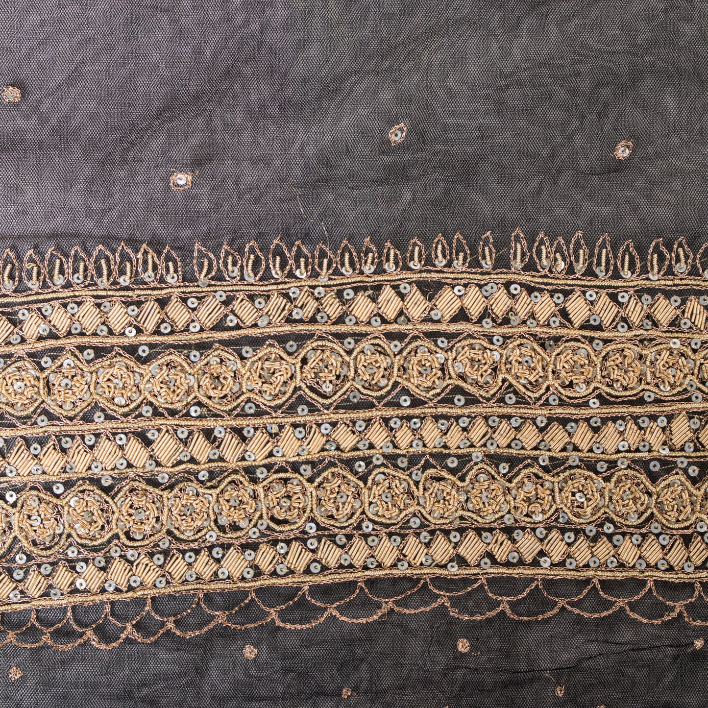 Sanskriti Vintage Black Net Mesh Saree Hand Embroidered Zardozi Dabka 6YD Fabric