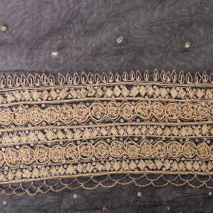 Sanskriti Vintage Black Net Mesh Saree Hand Embroidered Zardozi Dabka 6YD Fabric