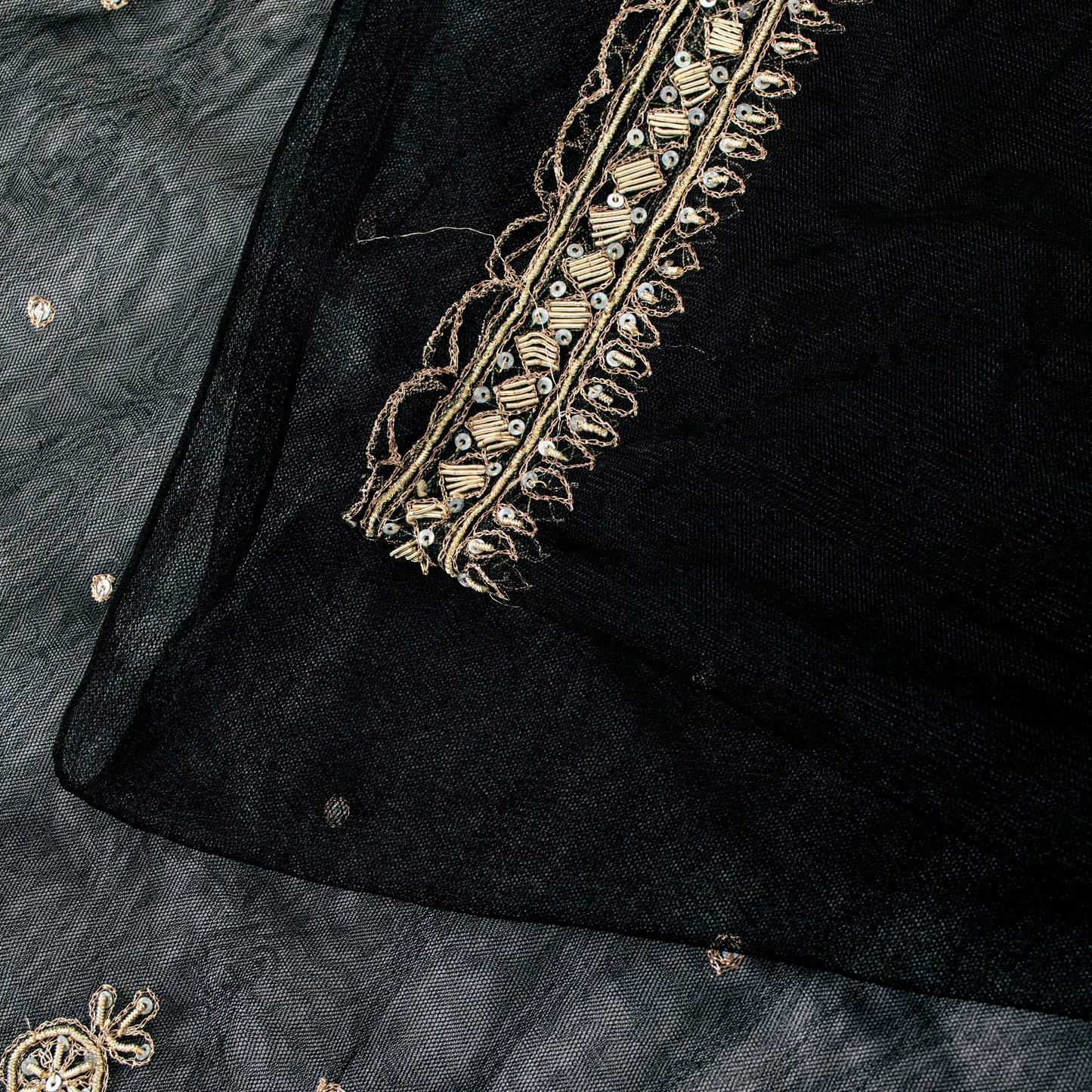 Sanskriti Vintage Black Net Mesh Saree Hand Embroidered Zardozi Dabka 6YD Fabric
