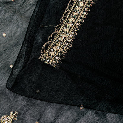 Sanskriti Vintage Black Net Mesh Saree Hand Embroidered Zardozi Dabka 6YD Fabric