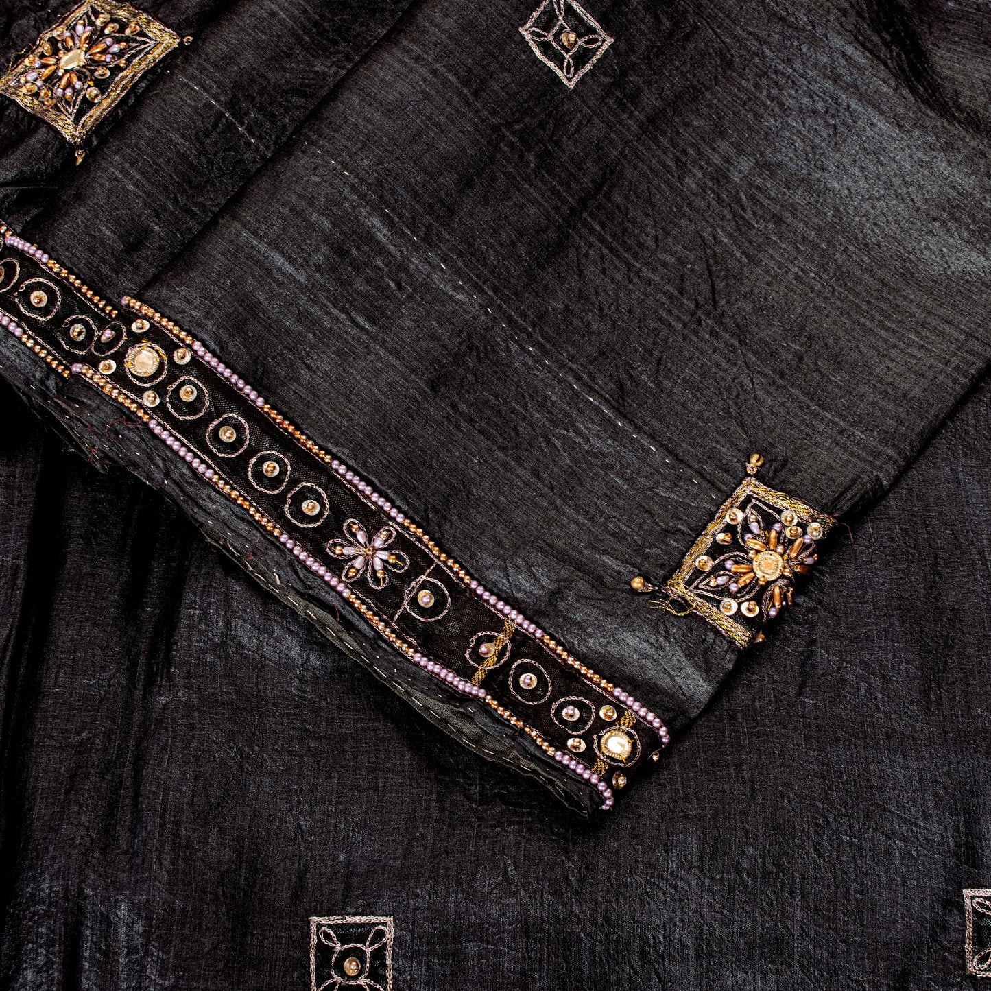 Sanskriti Vintage Black 100%Pure Silk Saree Hand Beaded Sari 5.5+YD Craft Fabric