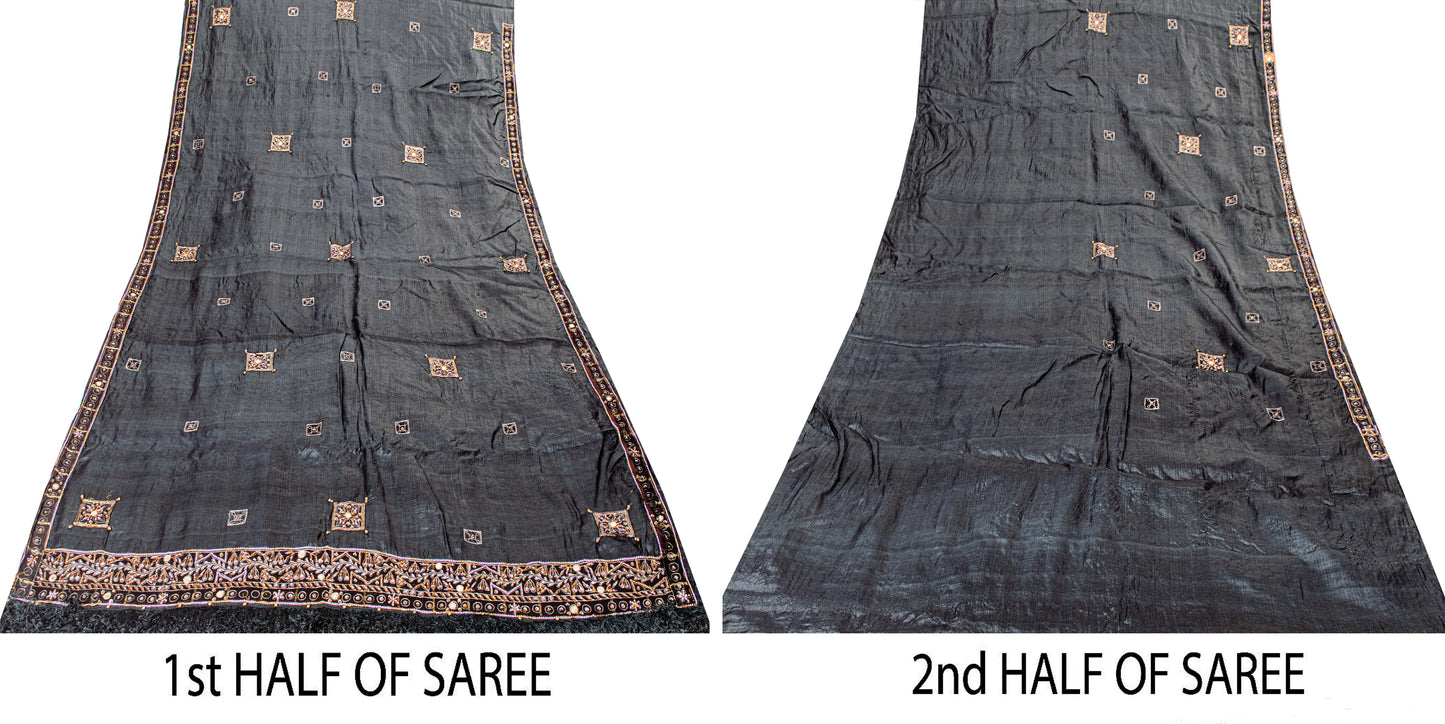 Sanskriti Vintage Black 100%Pure Silk Saree Hand Beaded Sari 5.5+YD Craft Fabric