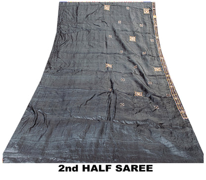 Sanskriti Vintage Black 100%Pure Silk Saree Hand Beaded Sari 5.5+YD Craft Fabric
