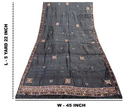 Sanskriti Vintage Black 100%Pure Silk Saree Hand Beaded Sari 5.5+YD Craft Fabric