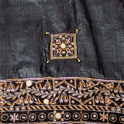 Sanskriti Vintage Black 100%Pure Silk Saree Hand Beaded Sari 5.5+YD Craft Fabric