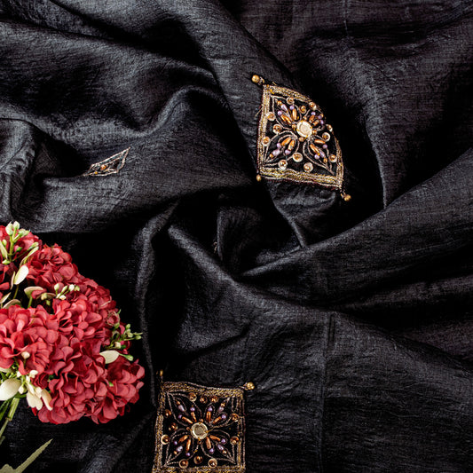Sanskriti Vintage Black 100%Pure Silk Saree Hand Beaded Sari 5.5+YD Craft Fabric