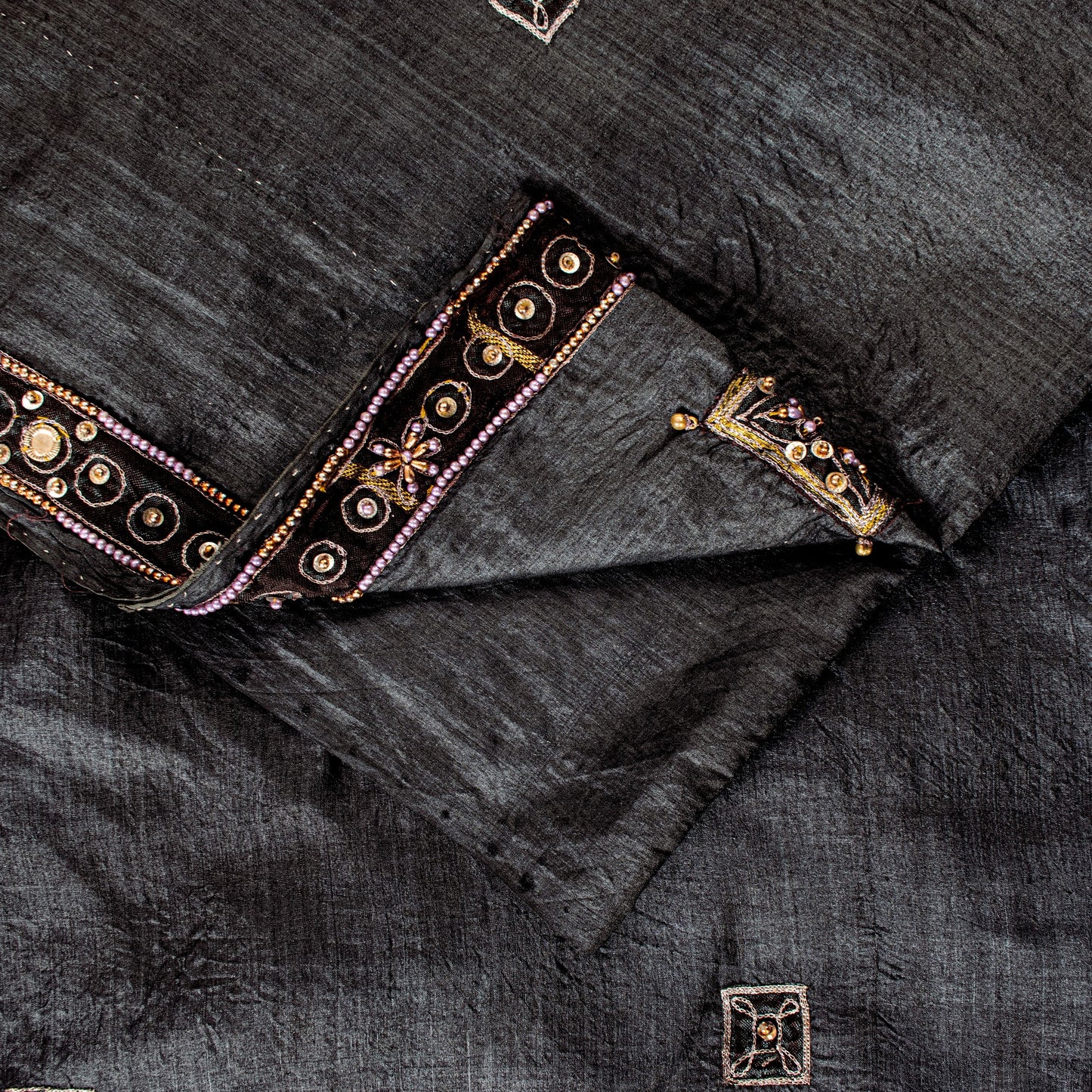 Sanskriti Vintage Black 100%Pure Silk Saree Hand Beaded Sari 5.5+YD Craft Fabric