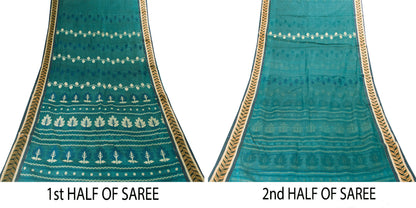 Sanskriti Vintage Green Pure Cotton Saree Hand Woven Tant Bengali 5.5+YD Fabric