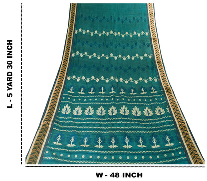 Sanskriti Vintage Green Pure Cotton Saree Hand Woven Tant Bengali 5.5+YD Fabric