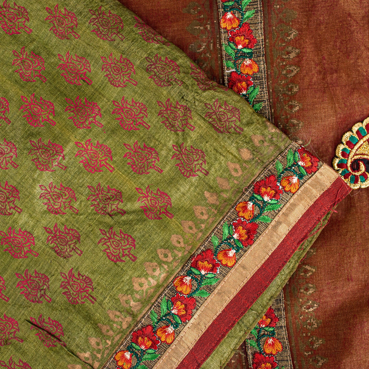 Sanskriti Vintage Green-Red Pure Silk Saree Hand Block Phulkari Border Patch 6YD
