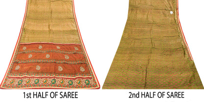 Sanskriti Vintage Green-Red Pure Silk Saree Hand Block Phulkari Border Patch 6YD