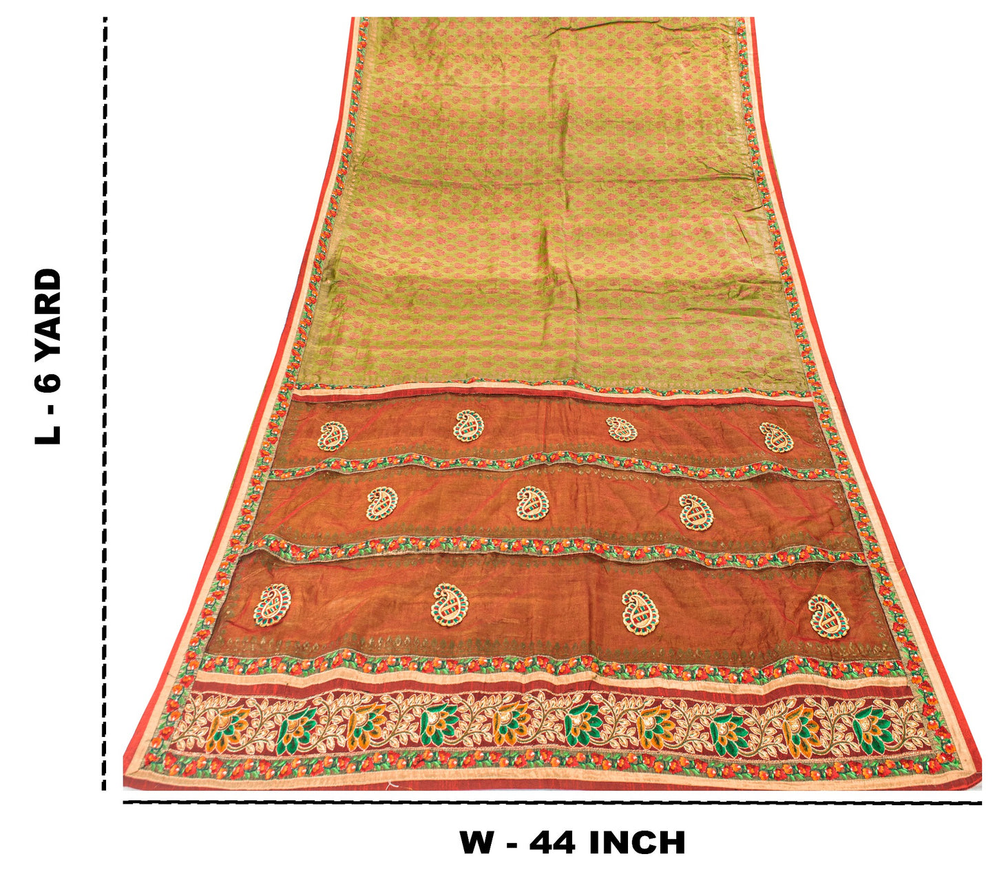 Sanskriti Vintage Green-Red Pure Silk Saree Hand Block Phulkari Border Patch 6YD