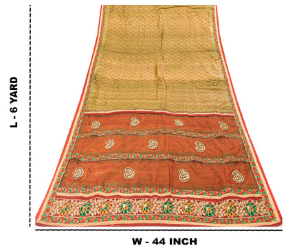 Sanskriti Vintage Green-Red Pure Silk Saree Hand Block Phulkari Border Patch 6YD