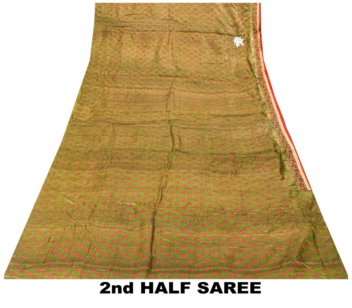 Sanskriti Vintage Green-Red Pure Silk Saree Hand Block Phulkari Border Patch 6YD