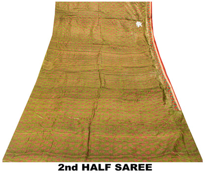 Sanskriti Vintage Green-Red Pure Silk Saree Hand Block Phulkari Border Patch 6YD