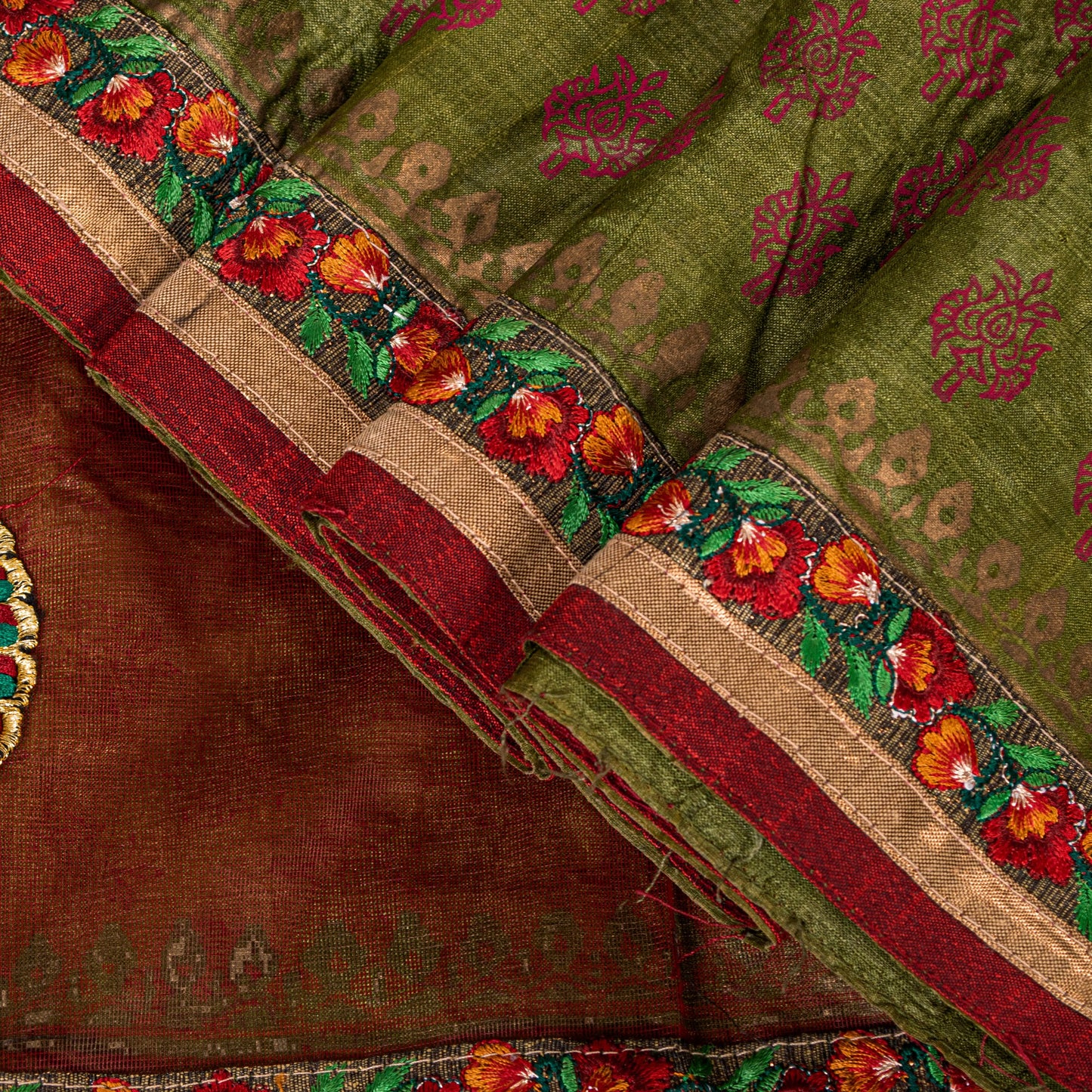 Sanskriti Vintage Green-Red Pure Silk Saree Hand Block Phulkari Border Patch 6YD
