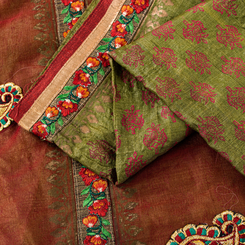 Sanskriti Vintage Green-Red Pure Silk Saree Hand Block Phulkari Border Patch 6YD