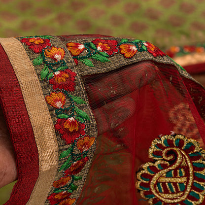 Sanskriti Vintage Green-Red Pure Silk Saree Hand Block Phulkari Border Patch 6YD