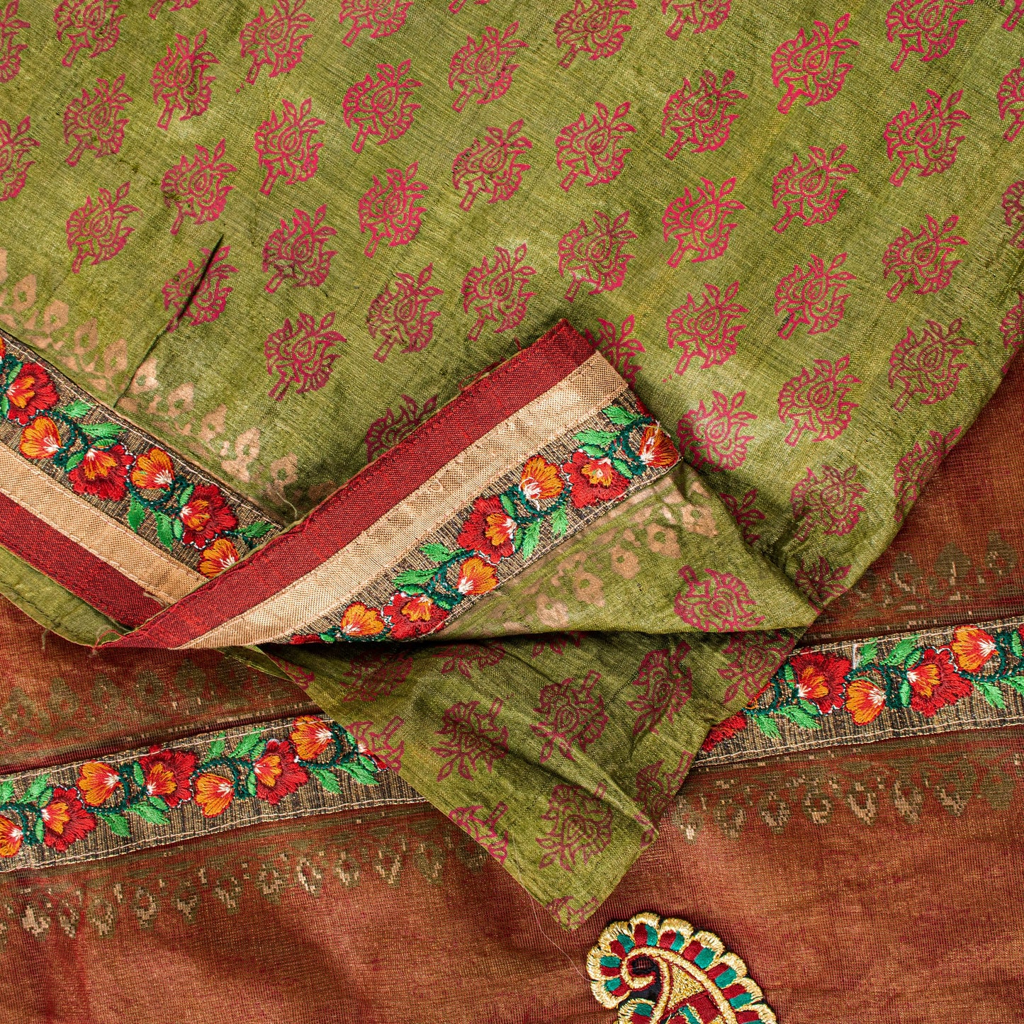 Sanskriti Vintage Green-Red Pure Silk Saree Hand Block Phulkari Border Patch 6YD