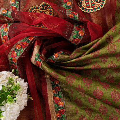 Sanskriti Vintage Green-Red Pure Silk Saree Hand Block Phulkari Border Patch 6YD