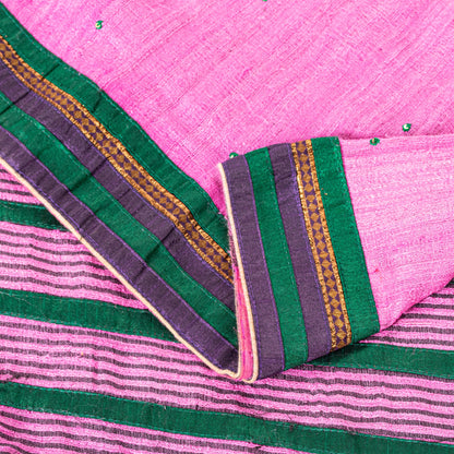 Sanskriti Vintage Pink Pure Jute Silk Saree Embroidered Handcraft 5.5YD Fabric