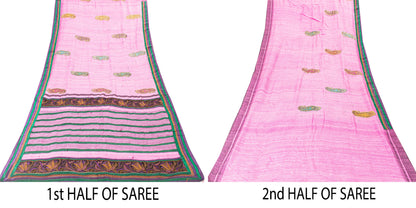 Sanskriti Vintage Pink Pure Jute Silk Saree Embroidered Handcraft 5.5YD Fabric