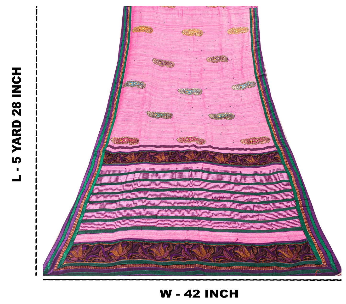 Sanskriti Vintage Pink Pure Jute Silk Saree Embroidered Handcraft 5.5YD Fabric