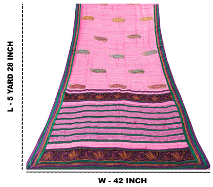 Sanskriti Vintage Pink Pure Jute Silk Saree Embroidered Handcraft 5.5YD Fabric