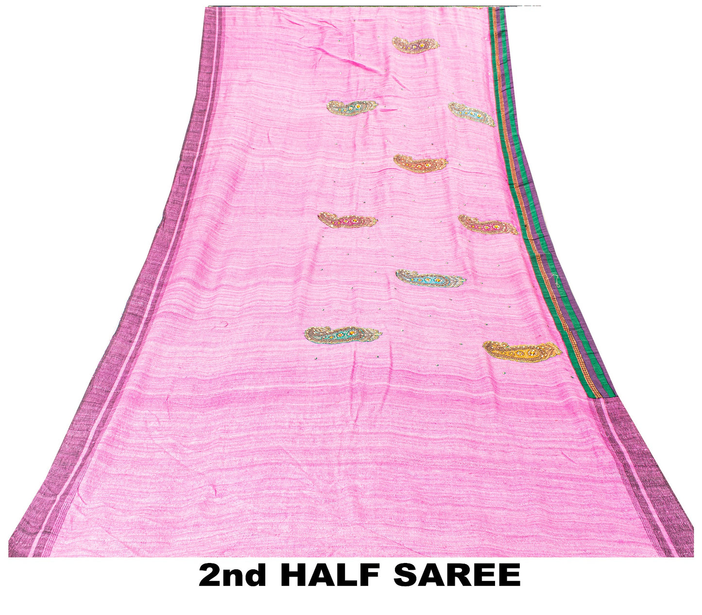 Sanskriti Vintage Pink Pure Jute Silk Saree Embroidered Handcraft 5.5YD Fabric