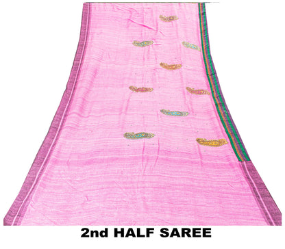 Sanskriti Vintage Pink Pure Jute Silk Saree Embroidered Handcraft 5.5YD Fabric