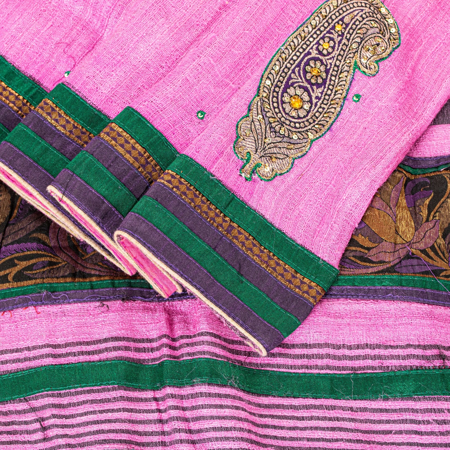 Sanskriti Vintage Pink Pure Jute Silk Saree Embroidered Handcraft 5.5YD Fabric