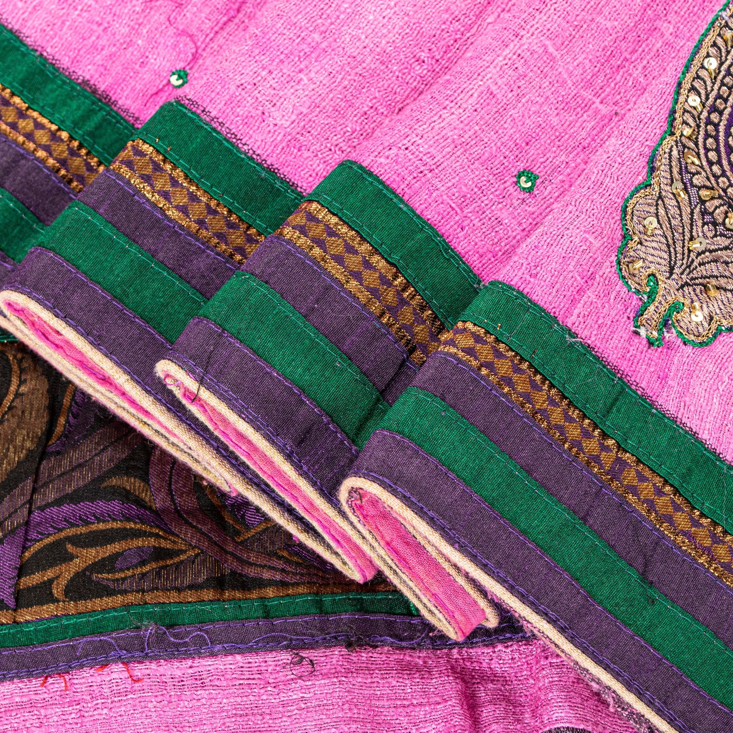 Sanskriti Vintage Pink Pure Jute Silk Saree Embroidered Handcraft 5.5YD Fabric