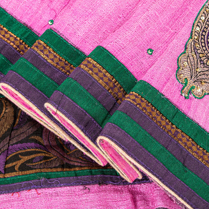 Sanskriti Vintage Pink Pure Jute Silk Saree Embroidered Handcraft 5.5YD Fabric