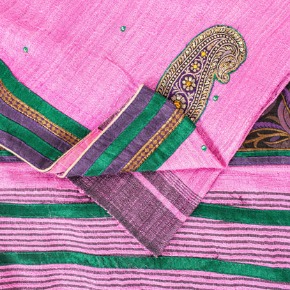 Sanskriti Vintage Pink Pure Jute Silk Saree Embroidered Handcraft 5.5YD Fabric