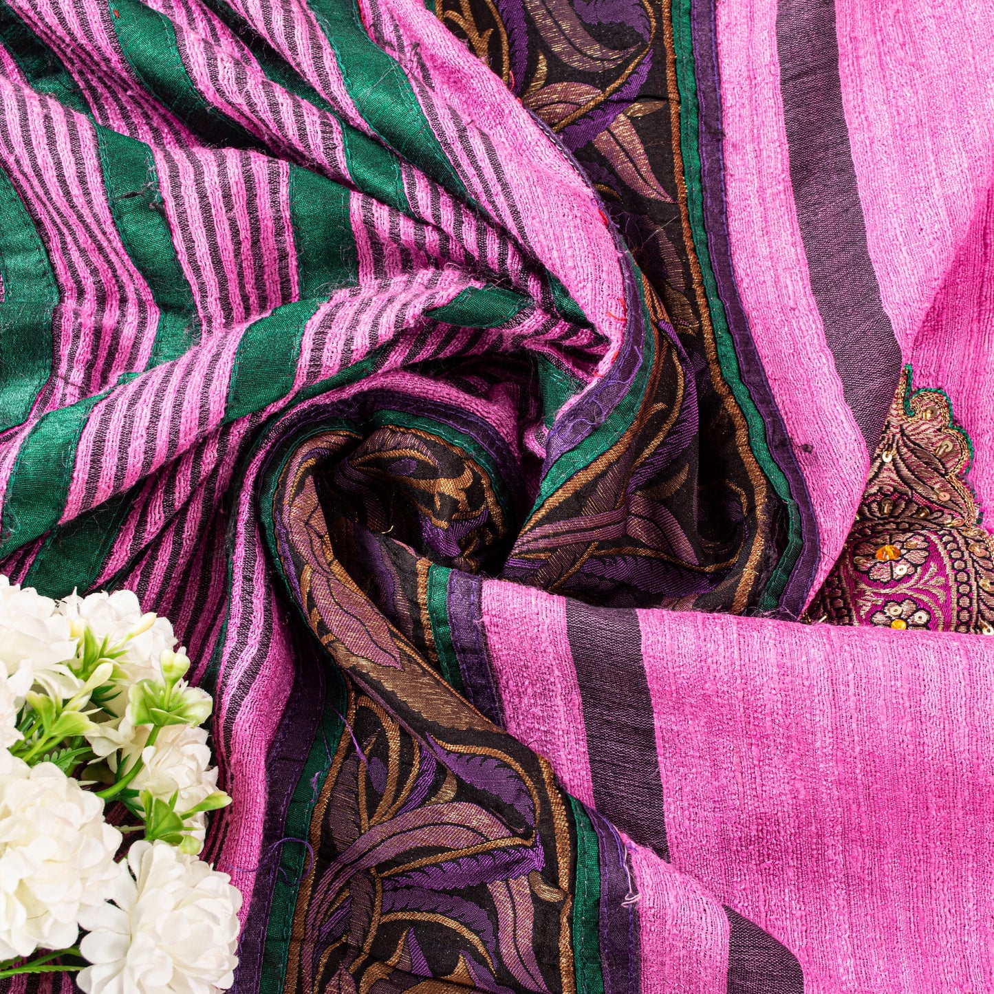 Sanskriti Vintage Pink Pure Jute Silk Saree Embroidered Handcraft 5.5YD Fabric