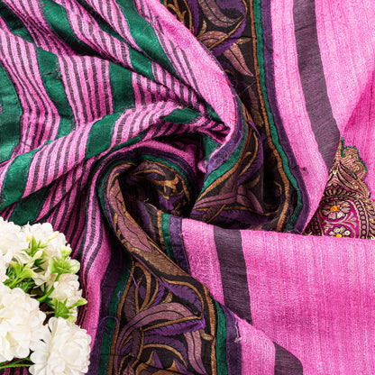 Sanskriti Vintage Pink Pure Jute Silk Saree Embroidered Handcraft 5.5YD Fabric