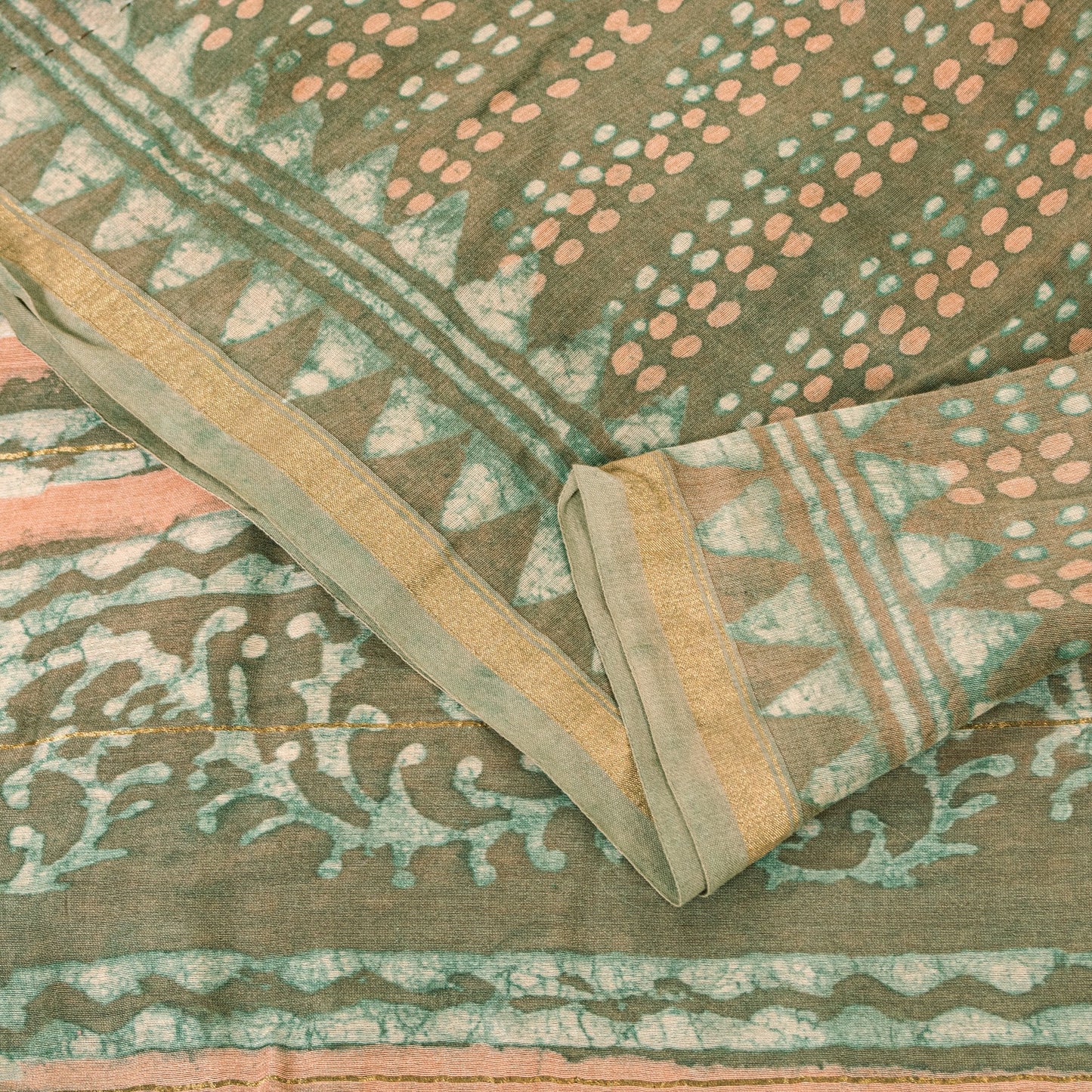 Sanskriti Vintage Green 100% Pure Cotton Saree Bagru Hand Block Print 6YD Fabric