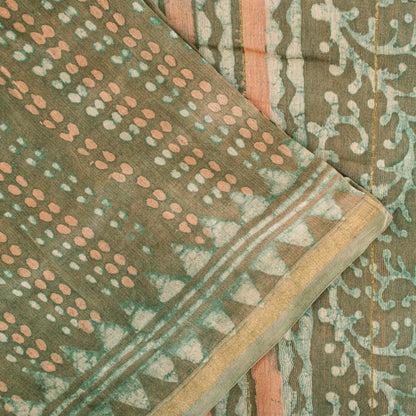 Sanskriti Vintage Green 100% Pure Cotton Saree Bagru Hand Block Print 6YD Fabric
