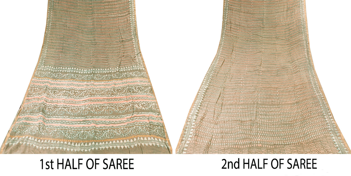 Sanskriti Vintage Green 100% Pure Cotton Saree Bagru Hand Block Print 6YD Fabric