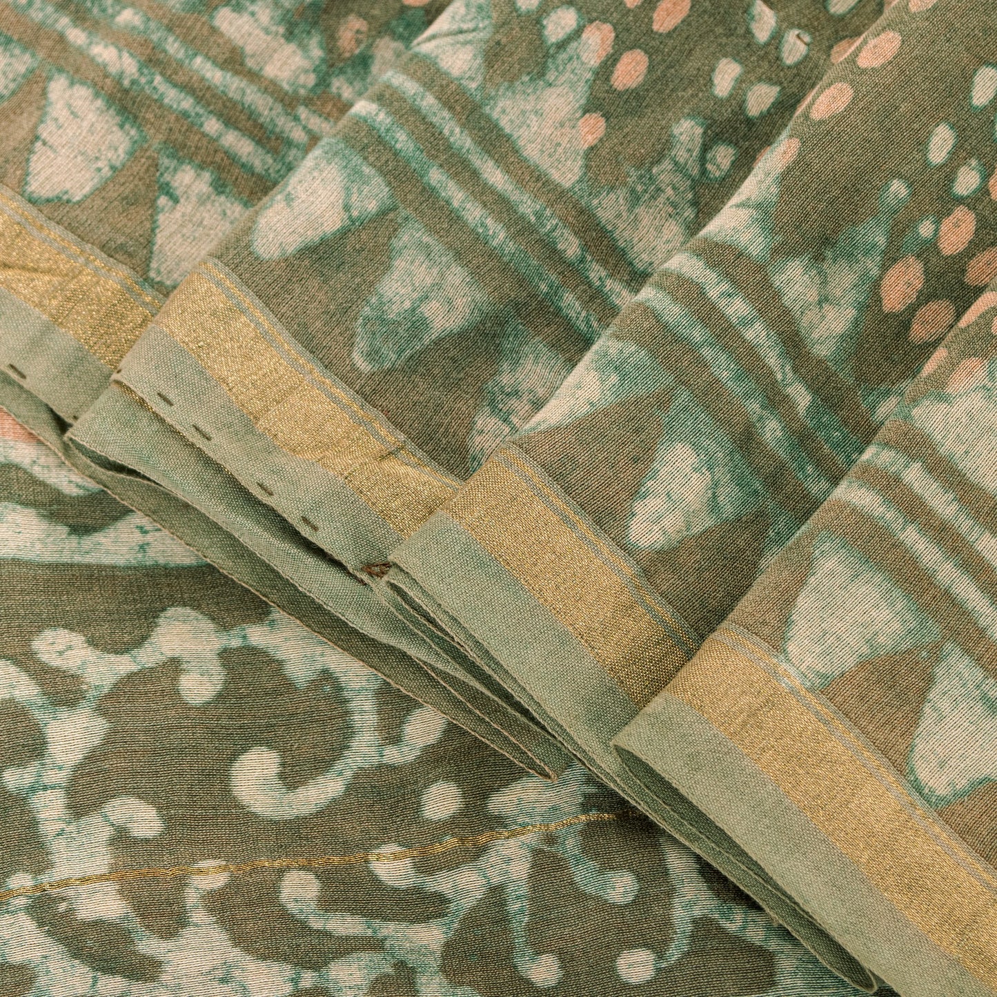 Sanskriti Vintage Green 100% Pure Cotton Saree Bagru Hand Block Print 6YD Fabric