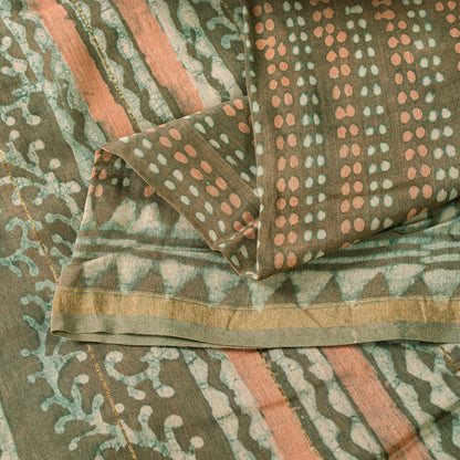 Sanskriti Vintage Green 100% Pure Cotton Saree Bagru Hand Block Print 6YD Fabric