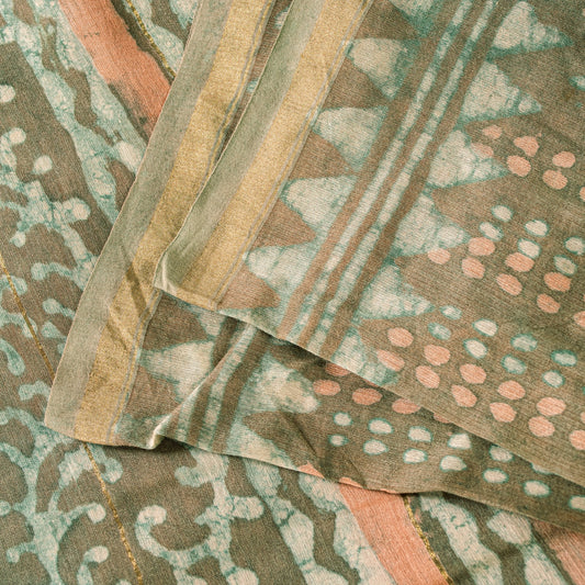 Sanskriti Vintage Green 100% Pure Cotton Saree Bagru Hand Block Print 6YD Fabric