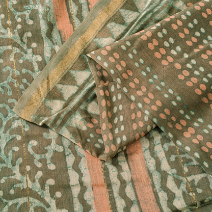 Sanskriti Vintage Green 100% Pure Cotton Saree Bagru Hand Block Print 6YD Fabric