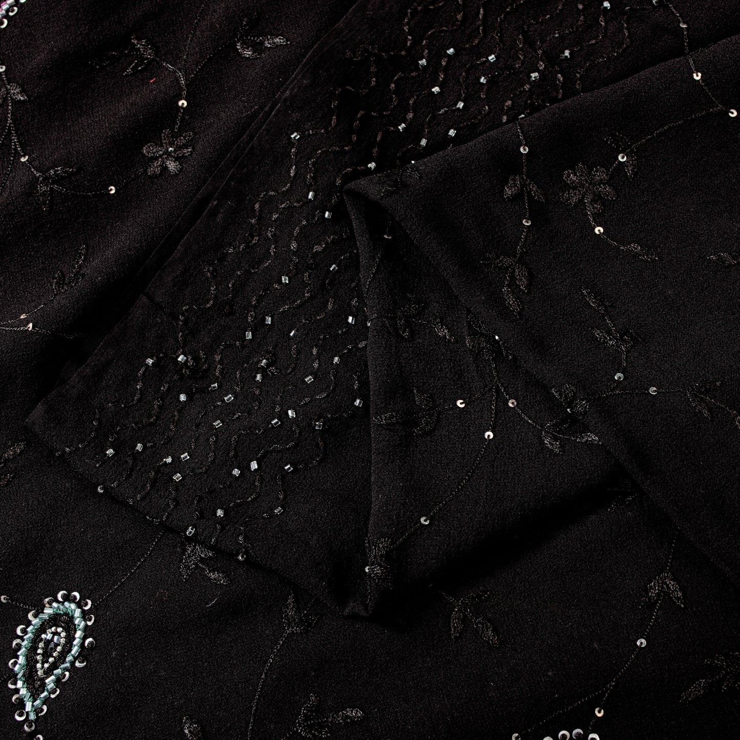 Sanskriti Vintage Black Pure Georgette Saree Hand Beaded Thread Sari 5+YD Fabric