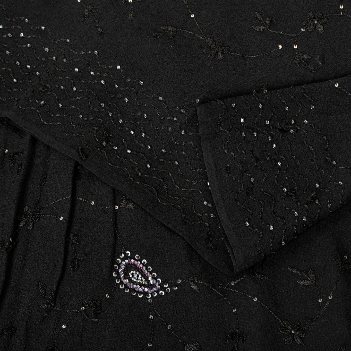 Sanskriti Vintage Black Pure Georgette Saree Hand Beaded Thread Sari 5+YD Fabric