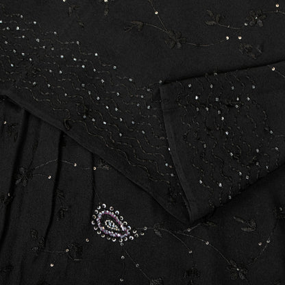 Sanskriti Vintage Black Pure Georgette Saree Hand Beaded Thread Sari 5+YD Fabric