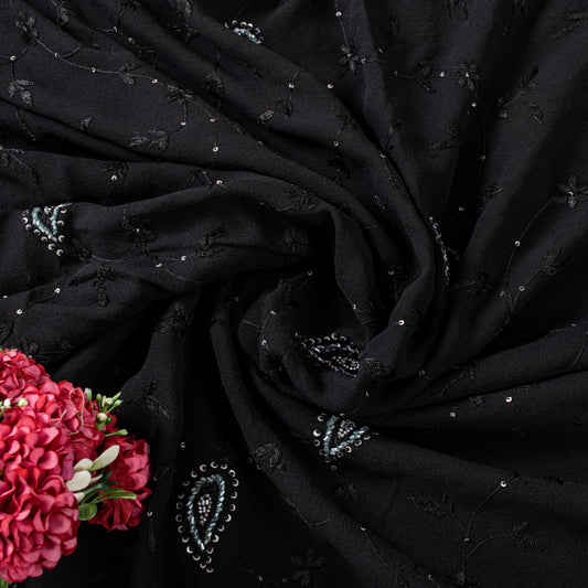 Sanskriti Vintage Black Pure Georgette Saree Hand Beaded Thread Sari 5+YD Fabric