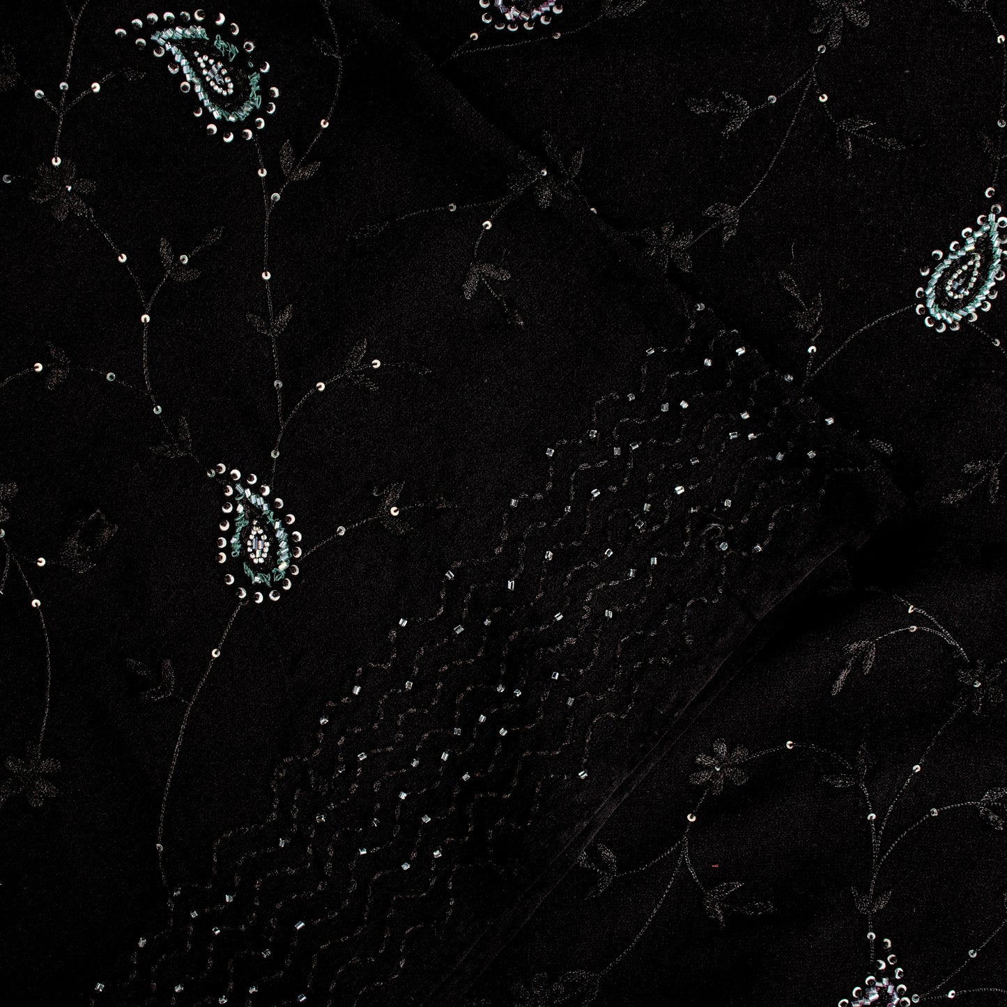 Sanskriti Vintage Black Pure Georgette Saree Hand Beaded Thread Sari 5+YD Fabric